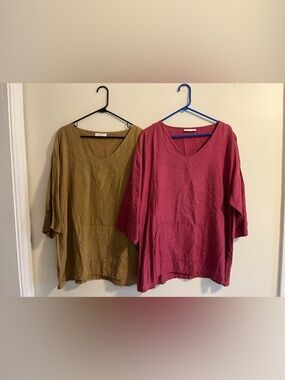 2-Bryn Walker Large Linen 3/4 Sleeve Tunic With Front Pocket- Coastal, Lagenlook